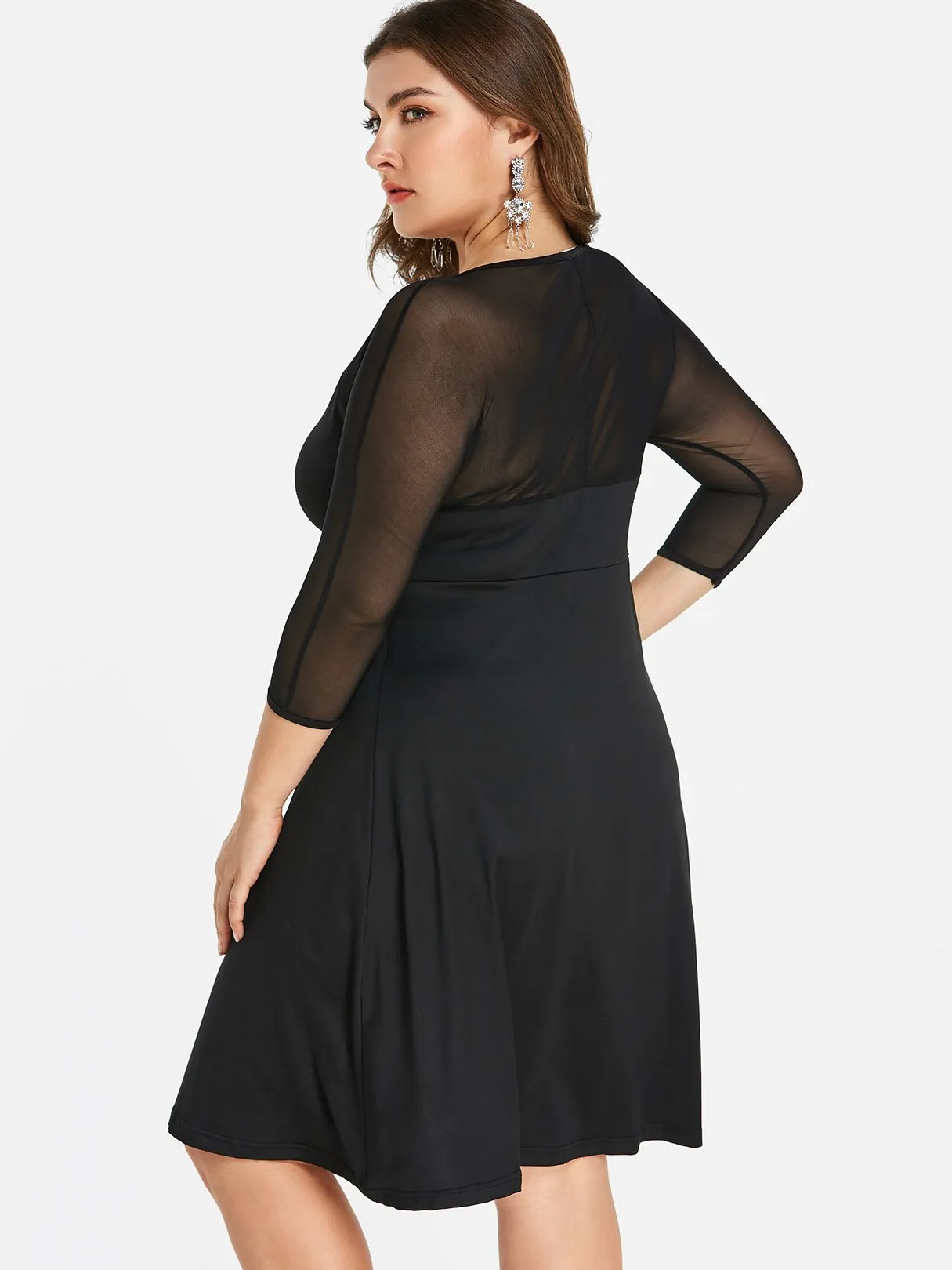 OEM ODM V-Neck Plain Wrap 3/4 Sleeve Black Plus Size Dress