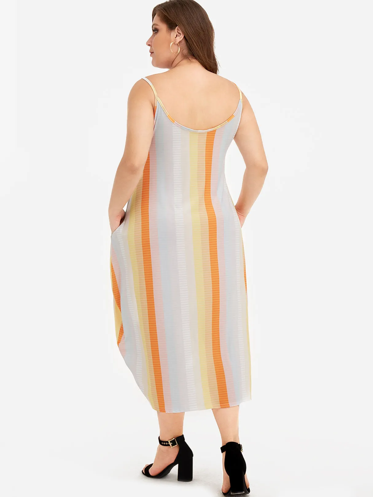 OEM ODM V-Neck Stripe Fantasy Colour Spaghetti Strap Sleeveless Plus Size Dresses