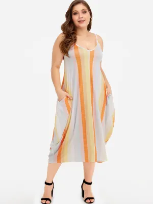 OEM ODM V-Neck Stripe Fantasy Colour Spaghetti Strap Sleeveless Plus Size Dresses