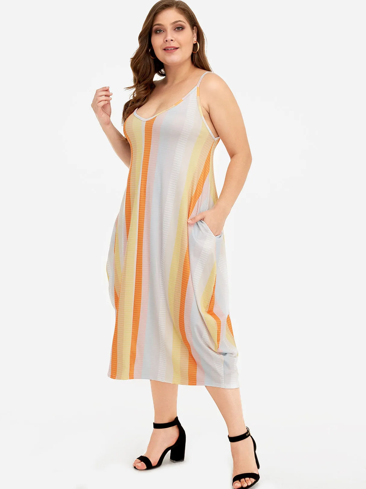 OEM ODM V-Neck Stripe Fantasy Colour Spaghetti Strap Sleeveless Plus Size Dresses