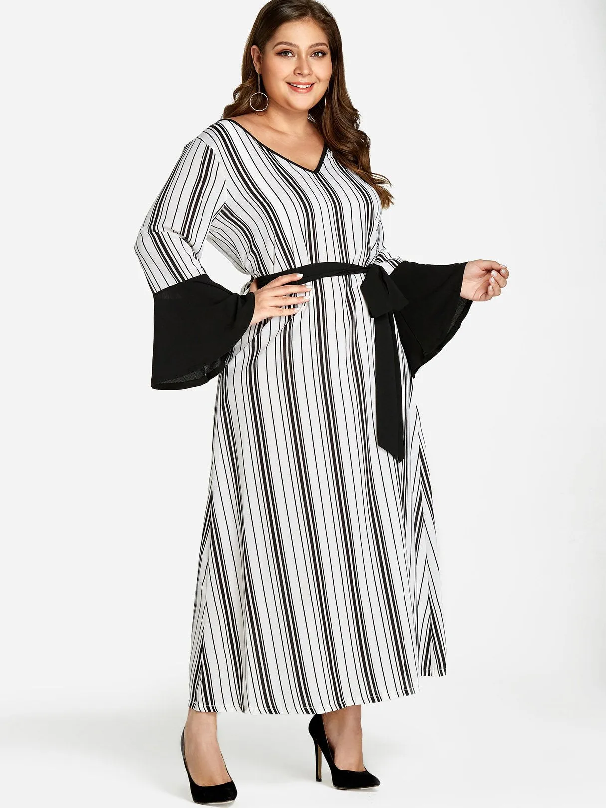 OEM ODM V-Neck Stripe Self-Tie Long Sleeve Plus Size Dress