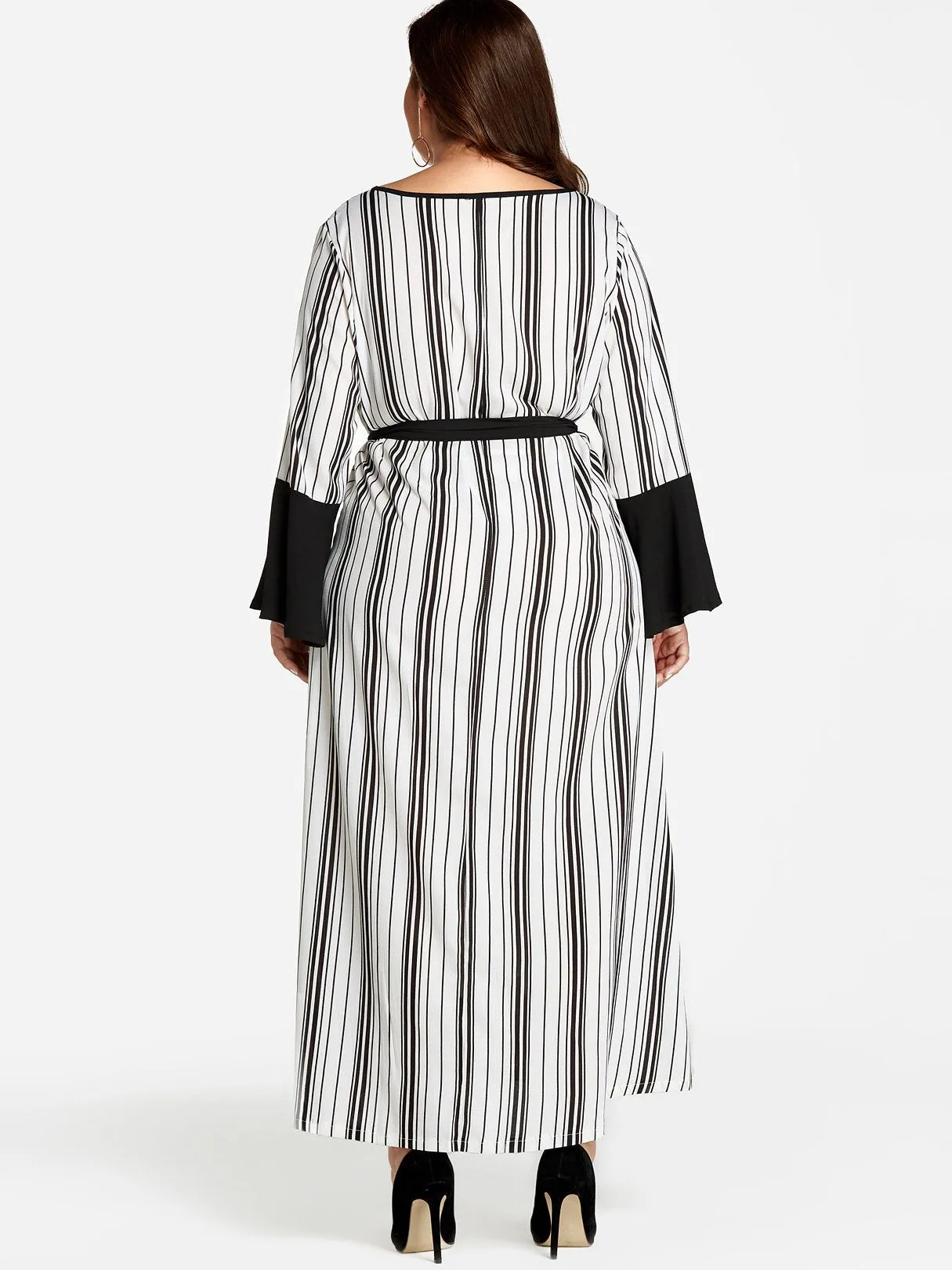 OEM ODM V-Neck Stripe Self-Tie Long Sleeve Plus Size Dress
