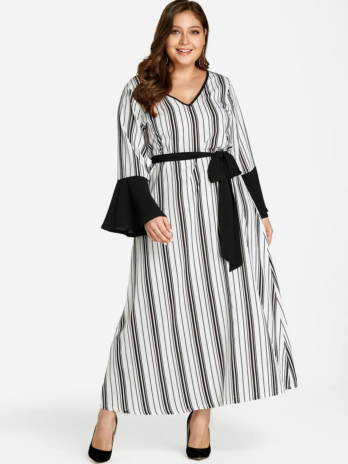 OEM ODM V-Neck Stripe Self-Tie Long Sleeve Plus Size Dress