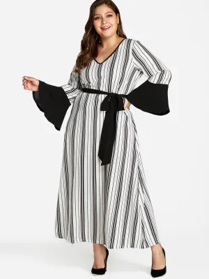 OEM ODM V-Neck Stripe Self-Tie Long Sleeve Plus Size Dress