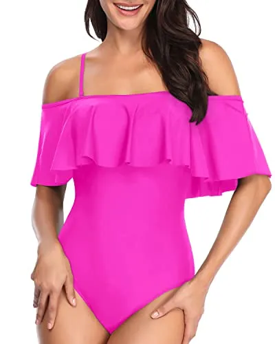 Off Shoulder Slimming Vintage One Piece Swimsuits-Neon Pink