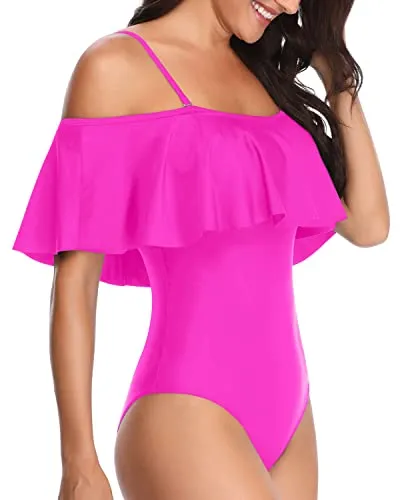 Off Shoulder Slimming Vintage One Piece Swimsuits-Neon Pink