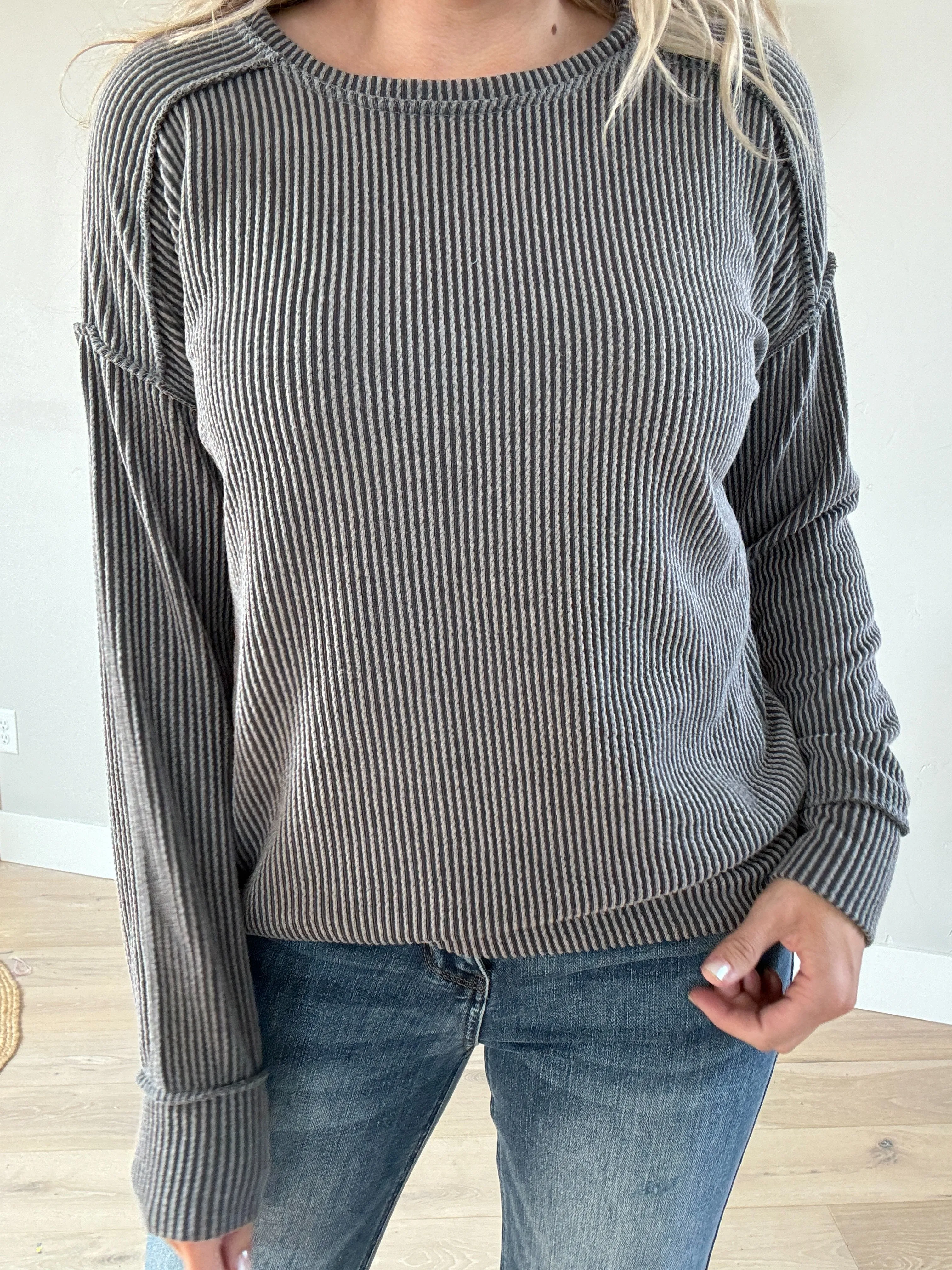 On My Way Solid Ribbed Long Sleeve in Dark Gray