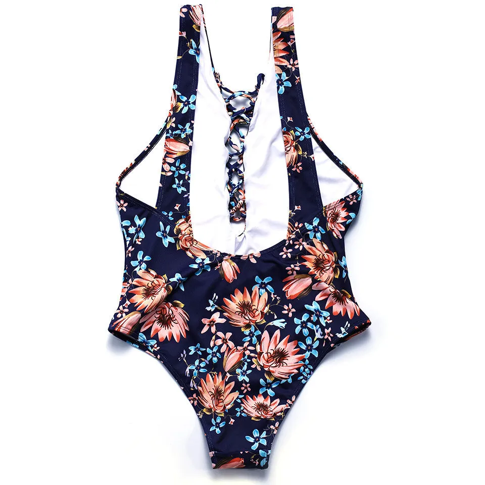One Piece Backless Floral Swimsuit