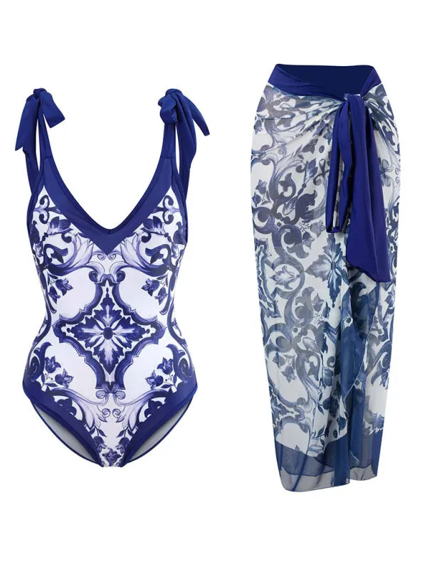 One-Piece Contrast Floral Wireless Swimwear with Wrap Skirt Cover-Up