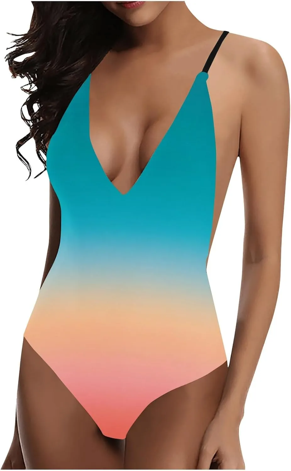 One Piece Swimsuit for Women Tummy Control Gradient Swimwear Deep V Neck Neck Backless Athletic Bathing Suits 2025