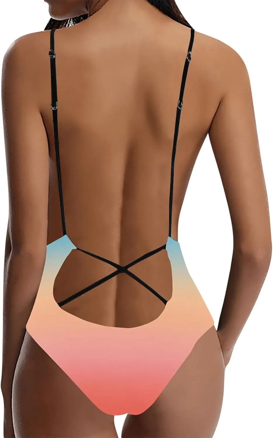 One Piece Swimsuit for Women Tummy Control Gradient Swimwear Deep V Neck Neck Backless Athletic Bathing Suits 2025