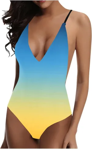 One Piece Swimsuit for Women Tummy Control Gradient Swimwear Deep V Neck Neck Backless Athletic Bathing Suits 2025
