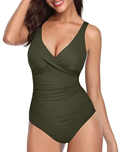 One Piece Swimsuit For Women Tummy Control Push Up Bathing Suit-Army Green