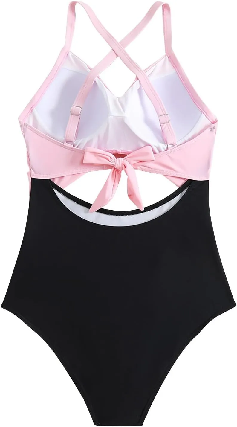 One Piece Swimsuit Women 2025 Tummy Control Cutout High Waisted Bathing Suit Color Block Wrap Tie Back Beach Swimwear