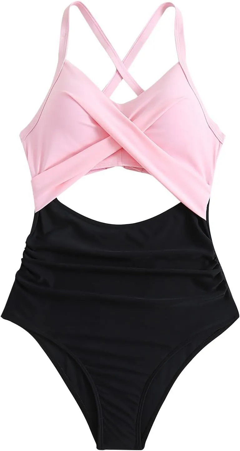 One Piece Swimsuit Women 2025 Tummy Control Cutout High Waisted Bathing Suit Color Block Wrap Tie Back Beach Swimwear