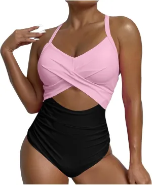 One Piece Swimsuit Women 2025 Tummy Control Cutout High Waisted Bathing Suit Color Block Wrap Tie Back Beach Swimwear