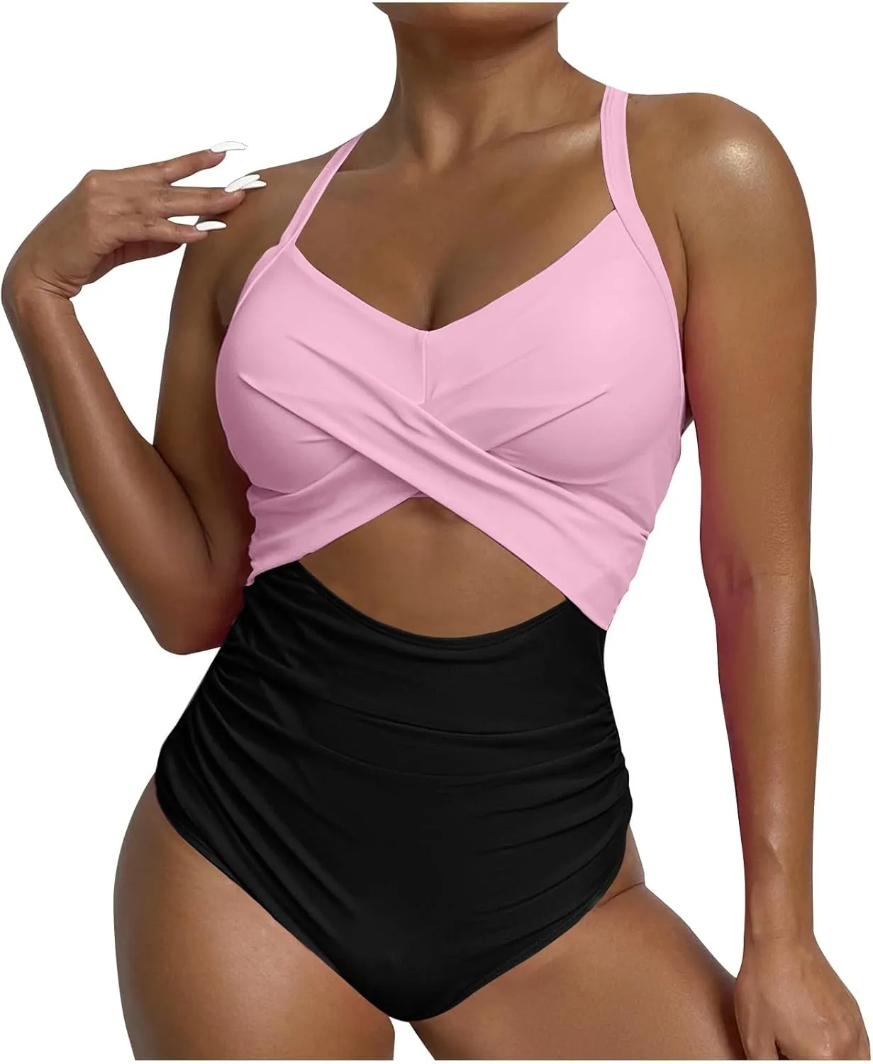 One Piece Swimsuit Women 2025 Tummy Control Cutout High Waisted Bathing Suit Color Block Wrap Tie Back Beach Swimwear
