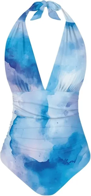 One Piece Swimsuit Women Deep V Neck Cross Back Ruched Sexy Bathing Suit Summer Swimwear
