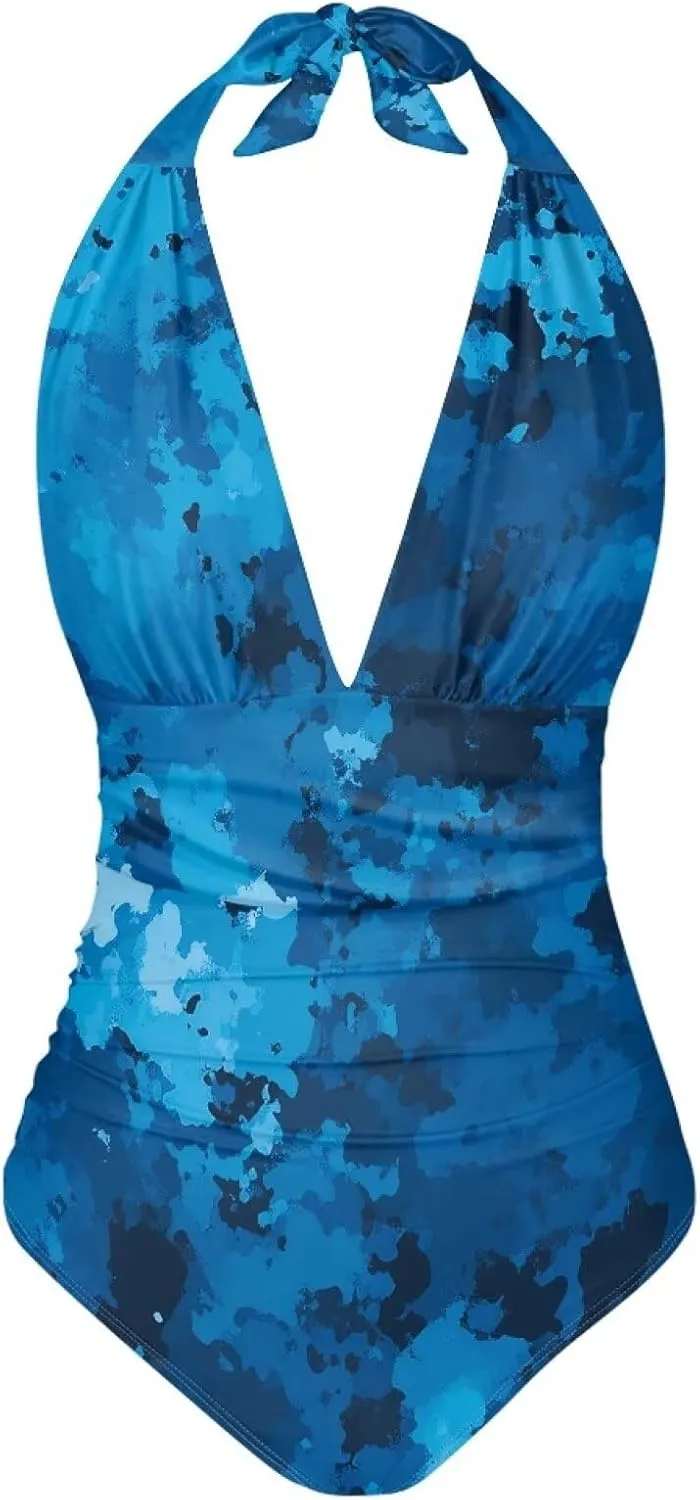 One Piece Swimsuit Women Deep V Neck Cross Back Ruched Sexy Bathing Suit Summer Swimwear