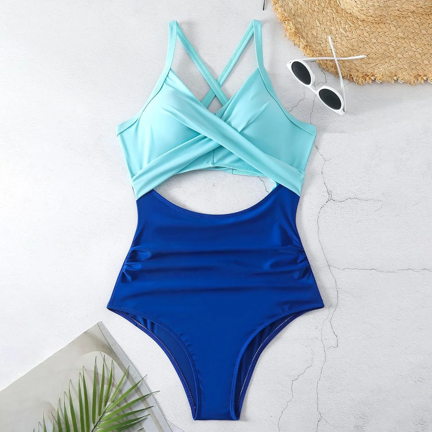 One Piece Swimsuit Women Sexy Tummy Control Cutout High Waisted Bathing Suit Halter Neck Criss Cross Back Swimsuits
