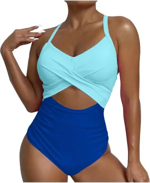 One Piece Swimsuit Women Sexy Tummy Control Cutout High Waisted Bathing Suit Halter Neck Criss Cross Back Swimsuits