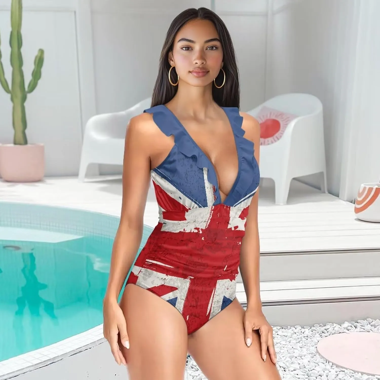 One Piece Swimsuit Women Tummy Control Bathing Suit Ruffle V Neck Swimwear High Waisted Slimming Swimwear