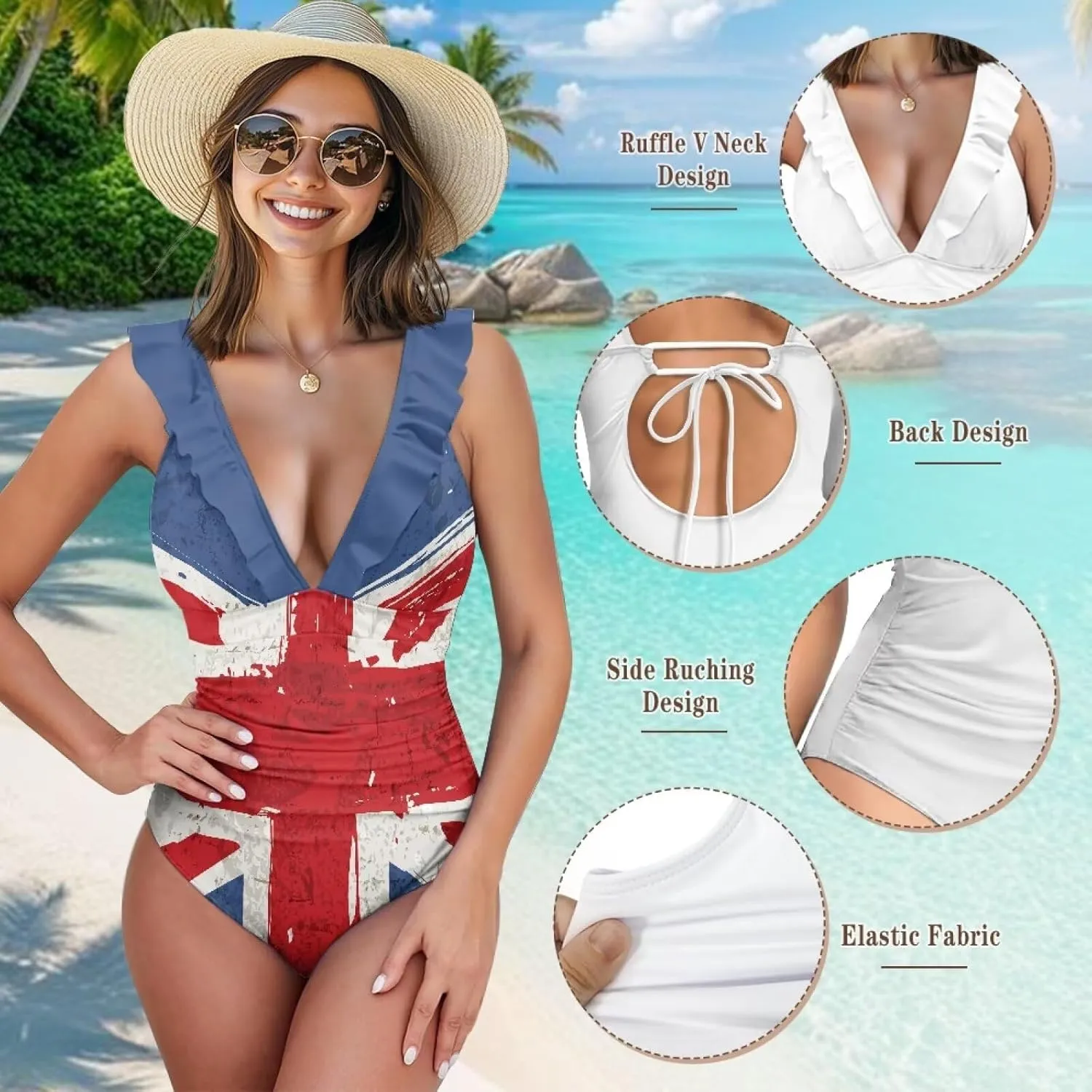One Piece Swimsuit Women Tummy Control Bathing Suit Ruffle V Neck Swimwear High Waisted Slimming Swimwear
