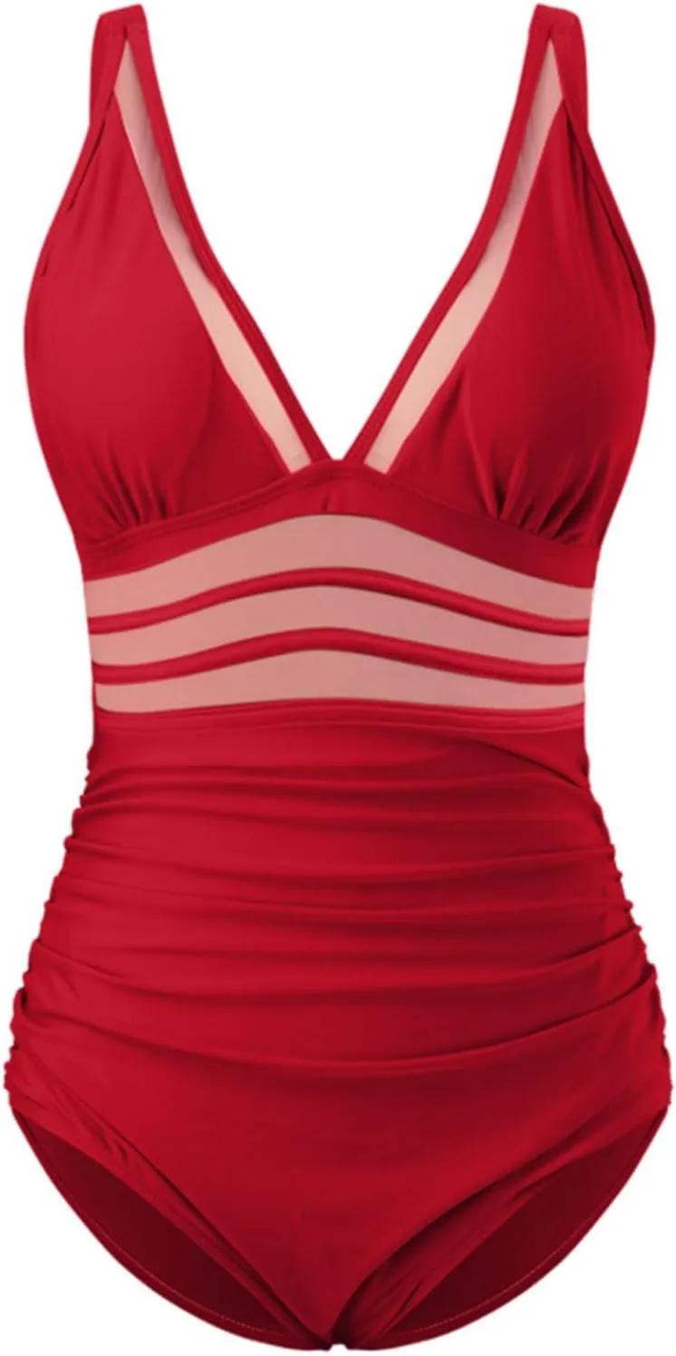 One Piece Swimsuit Womens Sexy Mesh One Piece Swimsuits Tummy Control Bathing Suit Push Up V Neck High Waist Swimwear