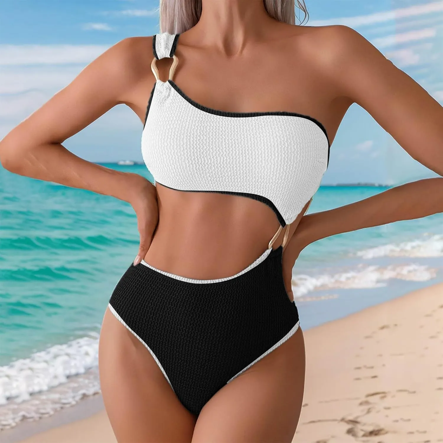 One Piece Swimsuits for Women One Shoulder Cutout Y2K Ribbed Knit Bathing Suit Trendy 2025 Colorblock Summer Swimsuit