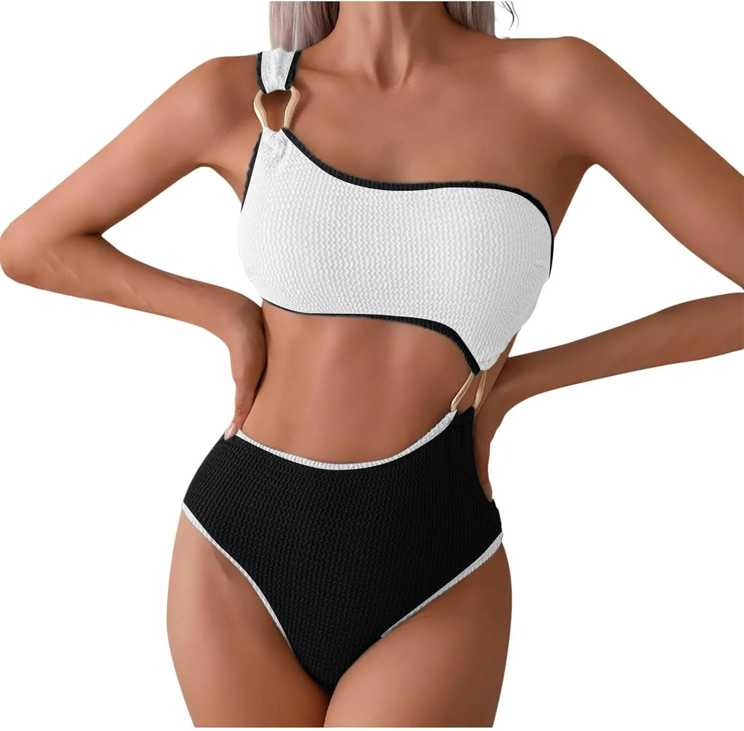 One Piece Swimsuits for Women One Shoulder Cutout Y2K Ribbed Knit Bathing Suit Trendy 2025 Colorblock Summer Swimsuit