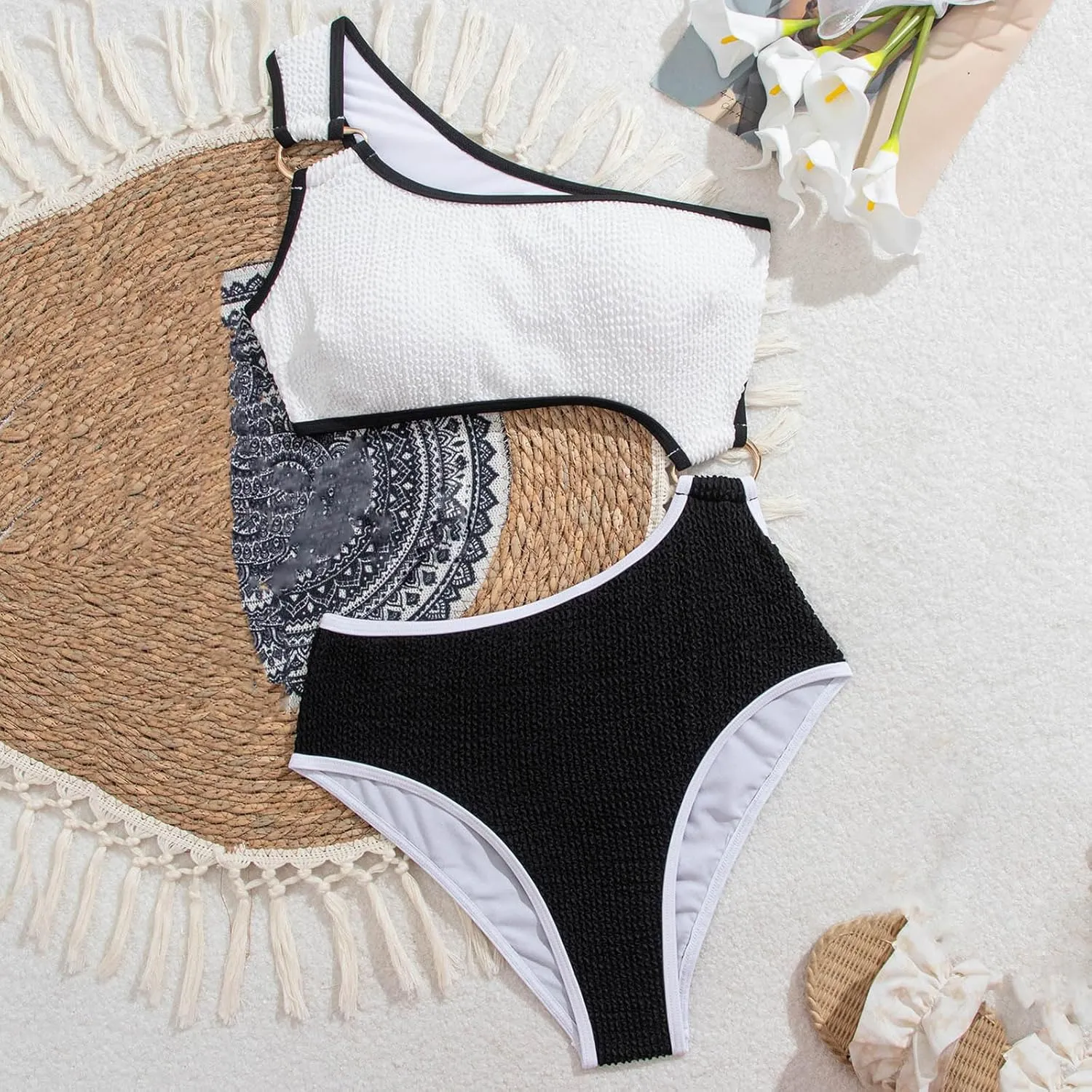 One Piece Swimsuits for Women One Shoulder Cutout Y2K Ribbed Knit Bathing Suit Trendy 2025 Colorblock Summer Swimsuit