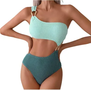One Piece Swimsuits for Women One Shoulder Cutout Y2K Ribbed Knit Bathing Suit Trendy 2025 Colorblock Summer Swimsuit