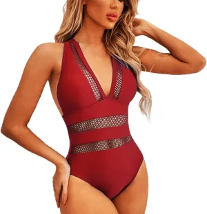 One Piece Swimsuits for Women Tummy Control Sexy Mesh V Neck Bathing Suits High Waisted Cross Back Monokini Swimwear