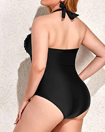 One Piece Tummy Control Swimsuit For Plus Size Women Halter Top-Black