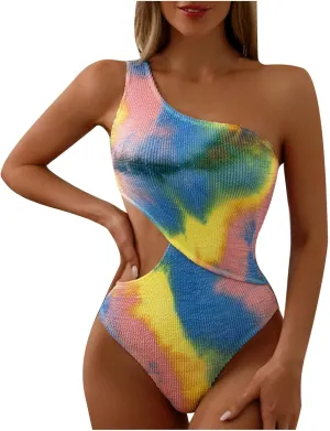 One Shoulder One Piece Swimsuit for Women Tummy Control Modest Full Coverage Keyhole Swimwear High Cut Bathing Suits
