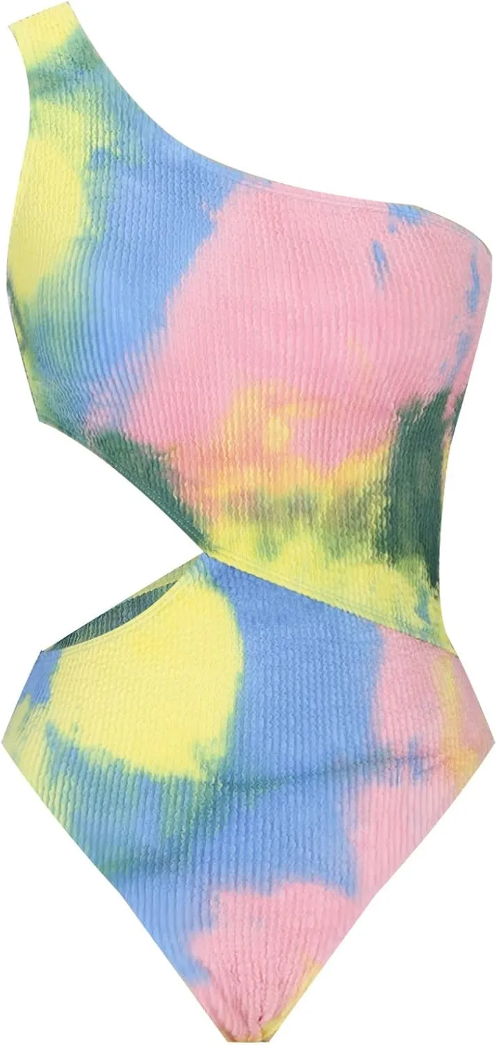 One Shoulder One Piece Swimsuit for Women Tummy Control Modest Full Coverage Keyhole Swimwear High Cut Bathing Suits
