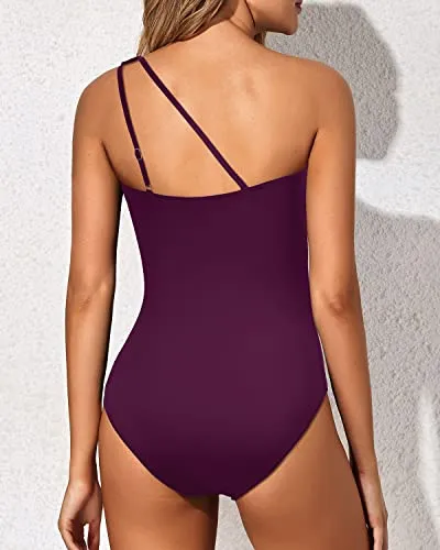 One Shoulder One Piece Swimsuit For Women Tummy Control Swimwear-Maroon