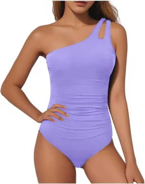 One Shoulder Swimsuits for Women High Cut Ruched One Piece Swimwear Backless Tummy Control Modest Bathing Suits