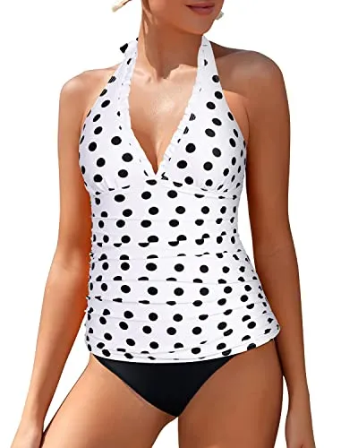 Open Back Tankini Top With Adjustable Strap V Neck Tankini Swimsuits-White Black Polka Dots