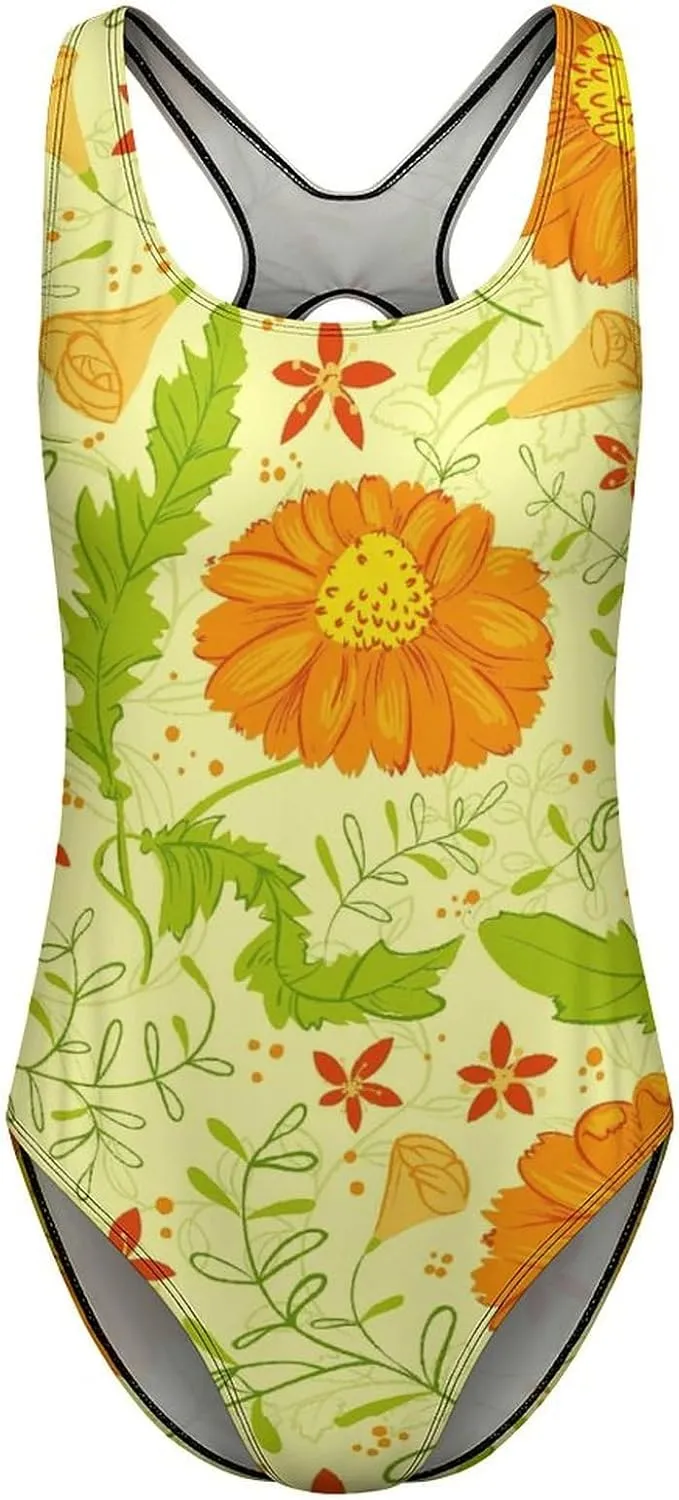 Orange Florals Women's 1 Piece Swimsuits Halter Scoop Neck Breathable Tummy Control Swimwear