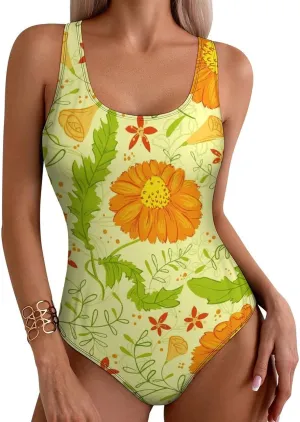 Orange Florals Women's 1 Piece Swimsuits Halter Scoop Neck Breathable Tummy Control Swimwear