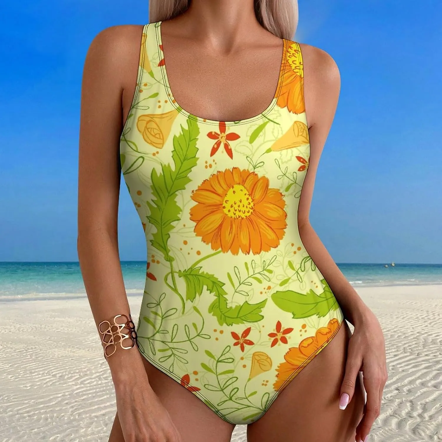 Orange Florals Women's 1 Piece Swimsuits Halter Scoop Neck Breathable Tummy Control Swimwear