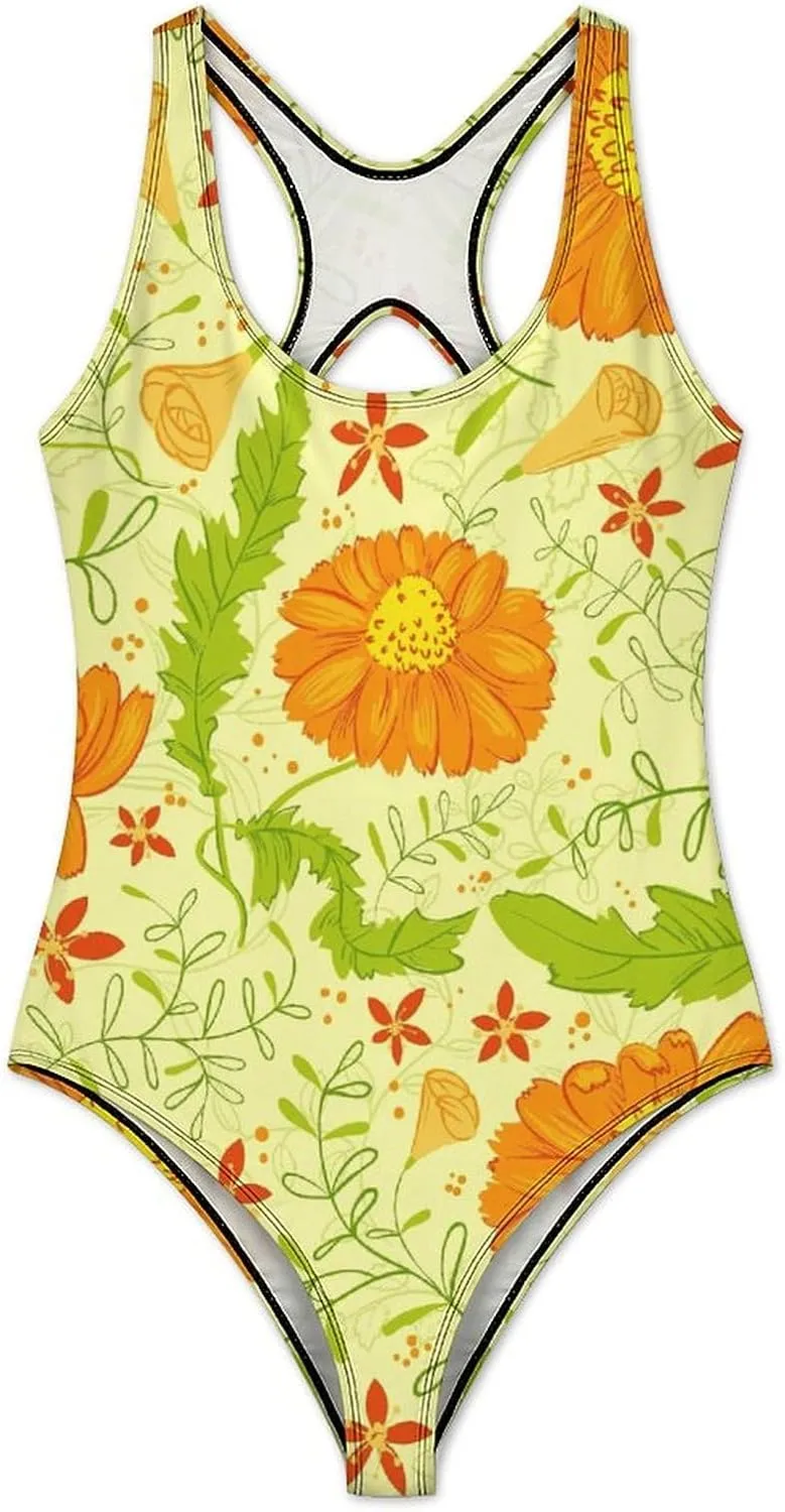 Orange Florals Women's 1 Piece Swimsuits Halter Scoop Neck Breathable Tummy Control Swimwear