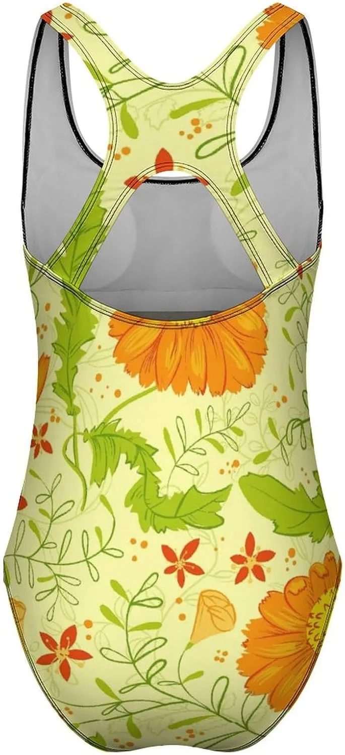 Orange Florals Women's 1 Piece Swimsuits Halter Scoop Neck Breathable Tummy Control Swimwear