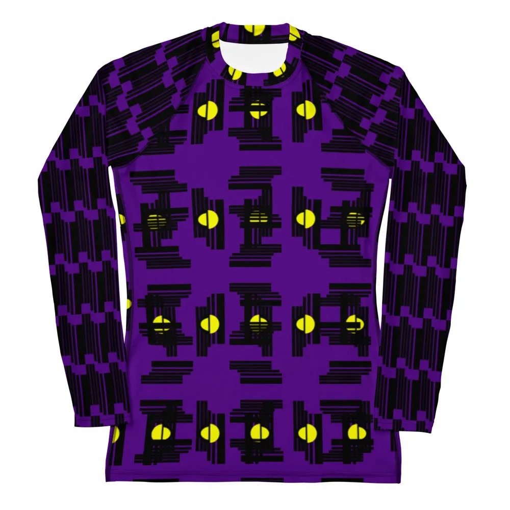Origen Destination |On-Arrival Point of Origen Women's Purple/Gold sphere Symbol-inspired Rash Guard
