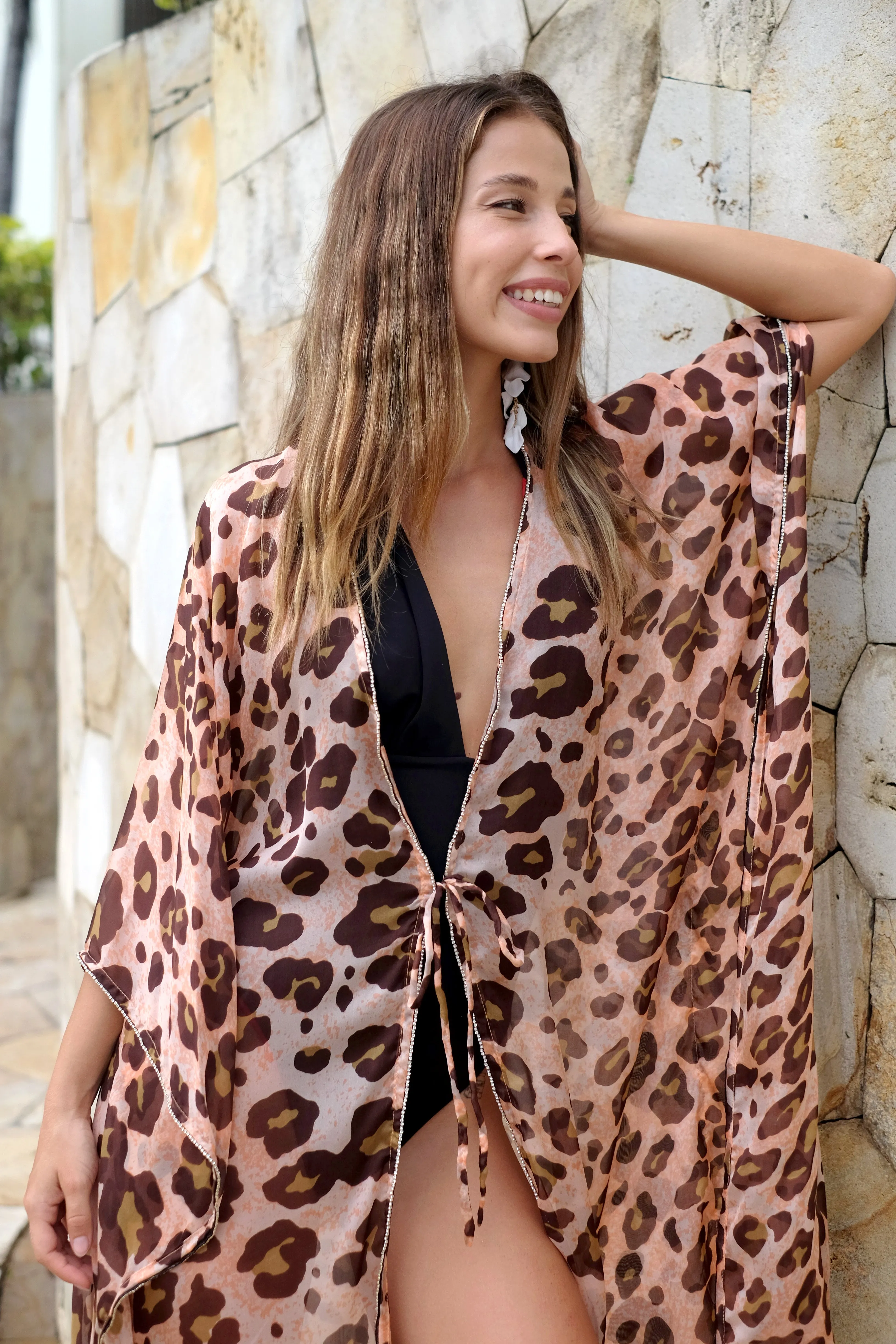 Otrera Leopard Print Silk Chiffon Beach Kaftan