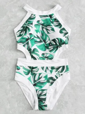 Palm Print Cutout Swimsuit