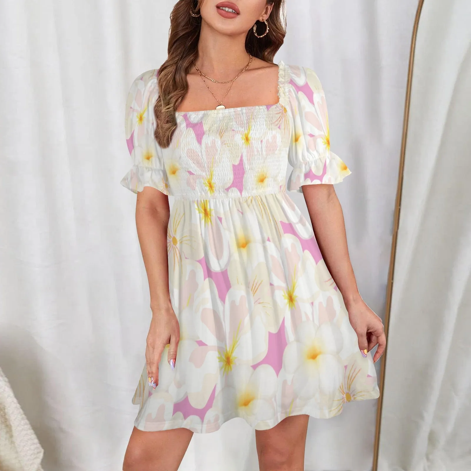Pastel Frangipanis Pink Square Neck Dress up to 5 XL (FWS)