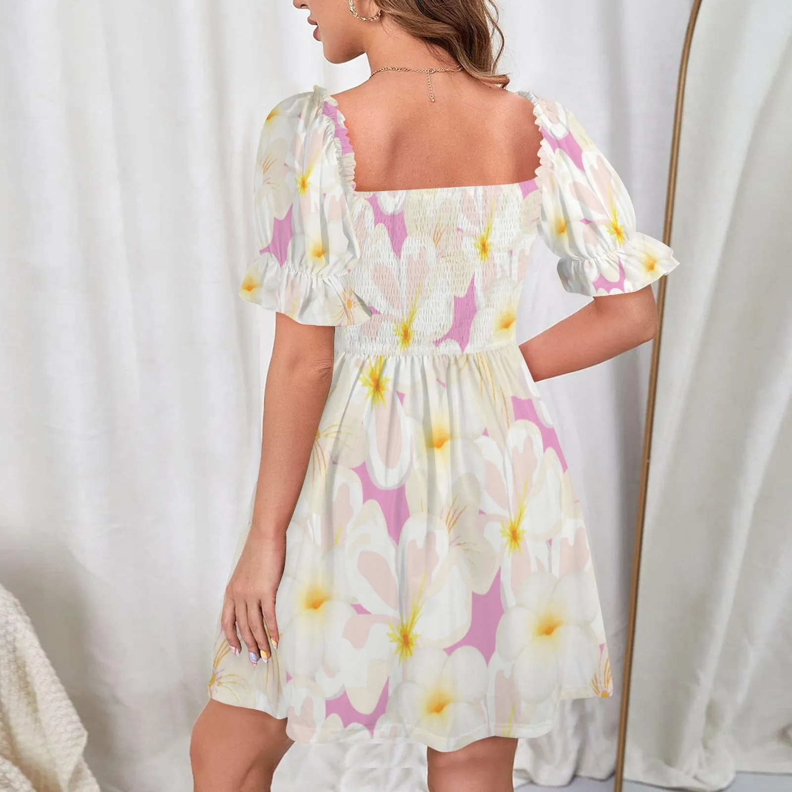 Pastel Frangipanis Pink Square Neck Dress up to 5 XL (FWS)