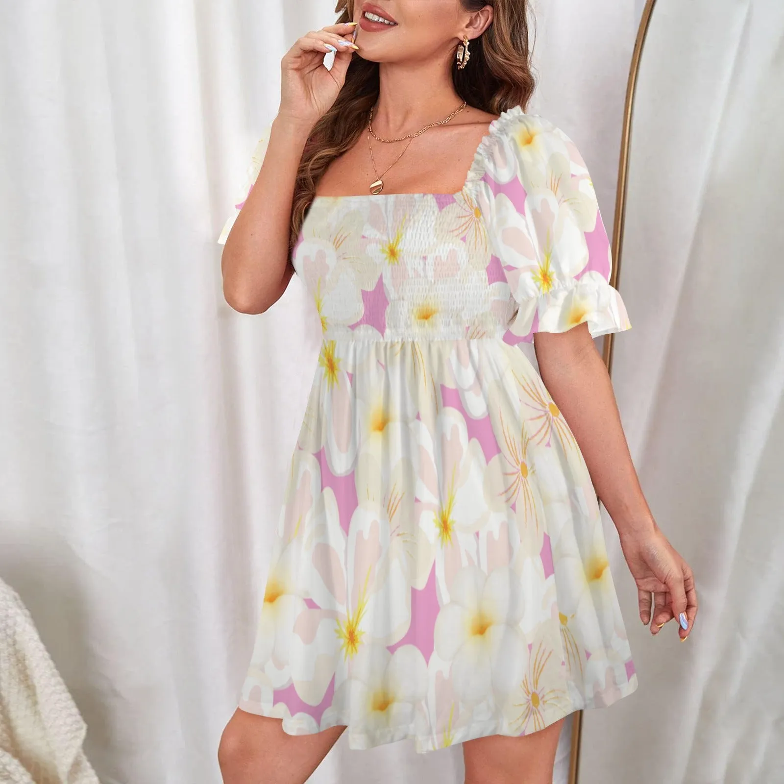 Pastel Frangipanis Pink Square Neck Dress up to 5 XL (FWS)